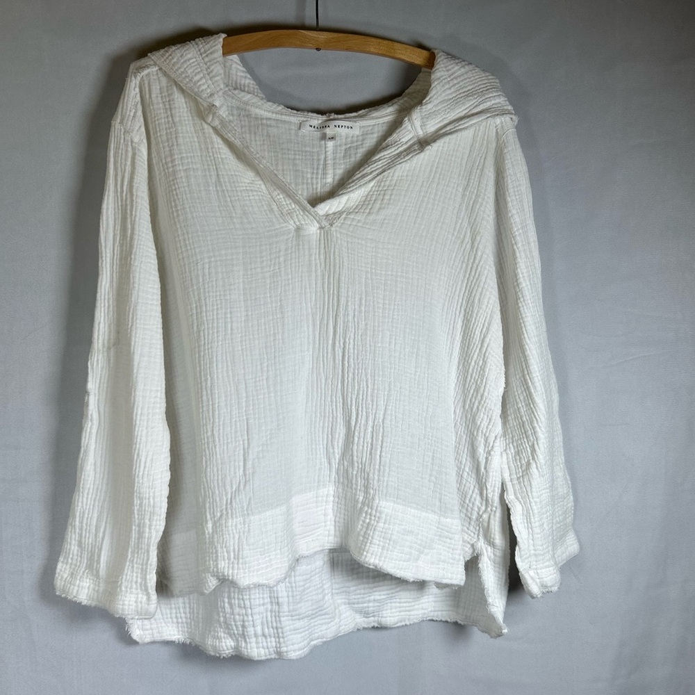 Melissa Nepton White Crinkle Cotton Popover Hoodie. V-Neck Beachy Coastal Size L